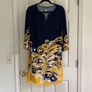 3/4 sleeve sheath dress with gold bar neck closure